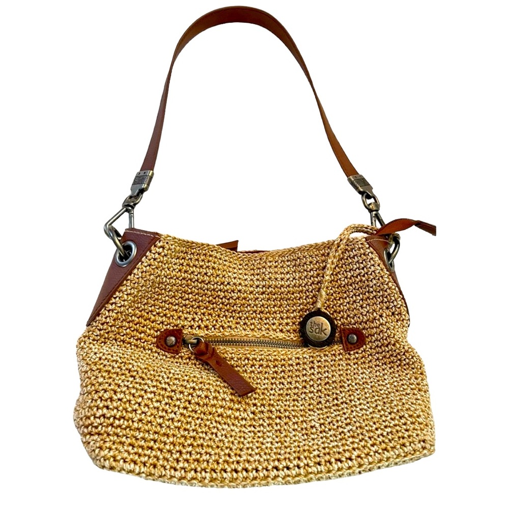 The Sak Woven Crochet Bag Purse Leather Trim EUC